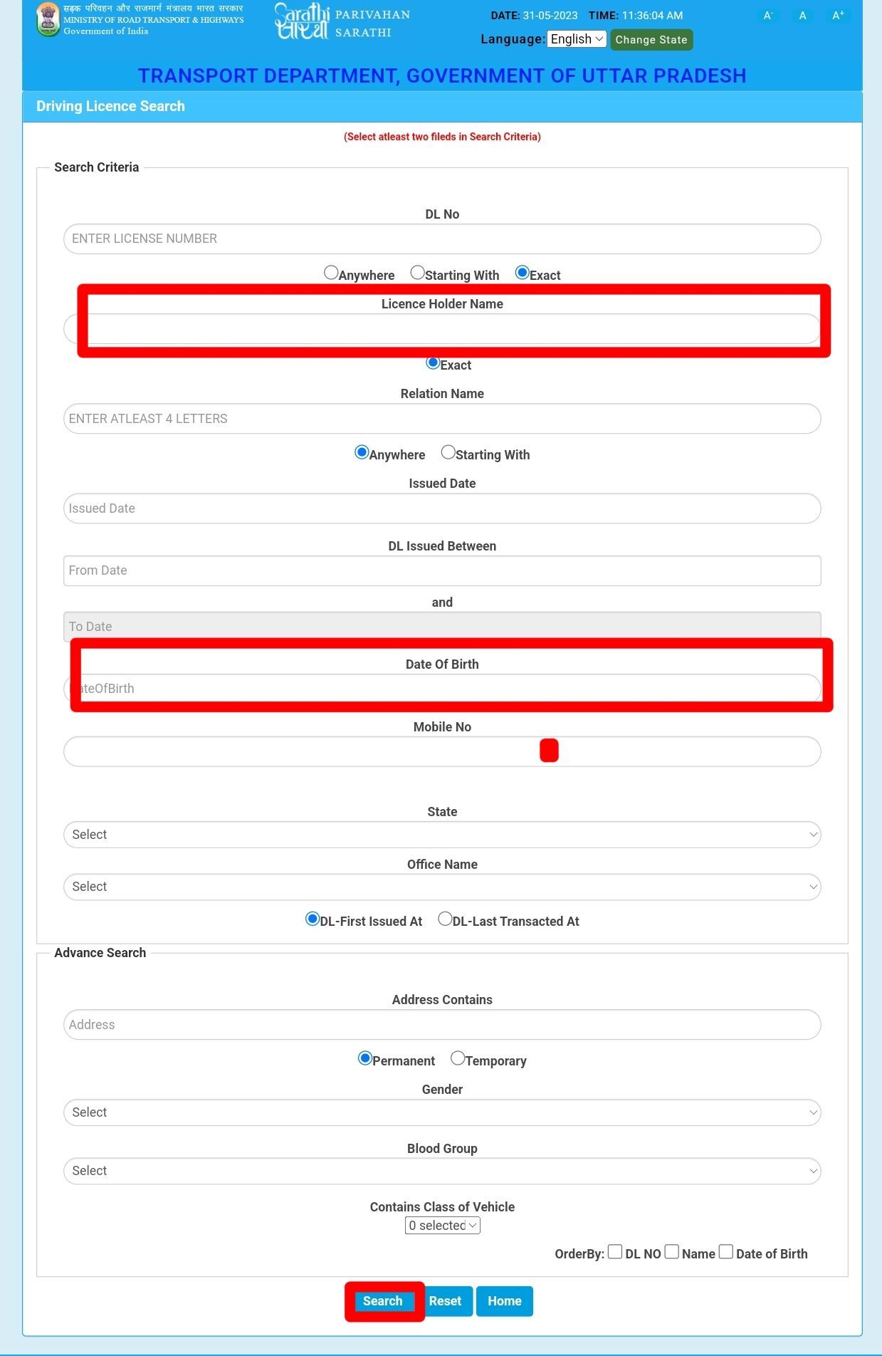 DL Number Search By Name And Date Of Birth